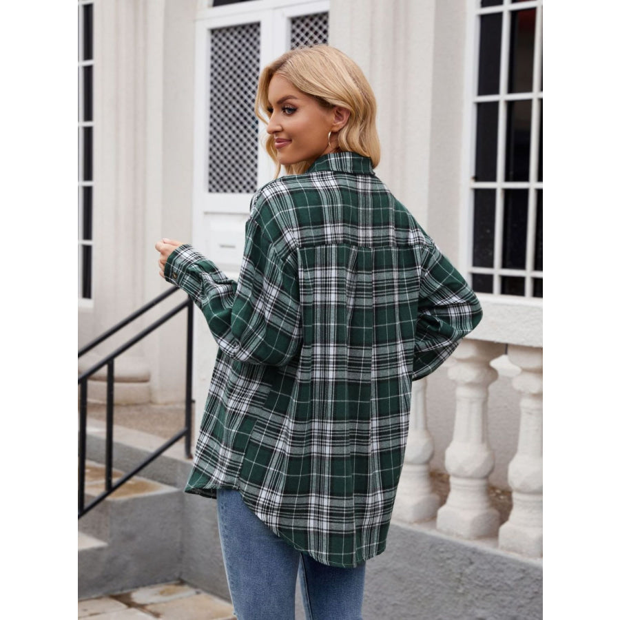 Pocketed Plaid Collared Neck Long Sleeve Shirt Apparel and Accessories