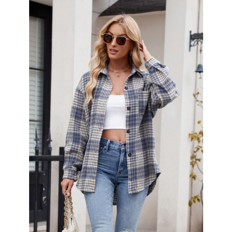 Pocketed Plaid Collared Neck Long Sleeve Shirt Apparel and Accessories