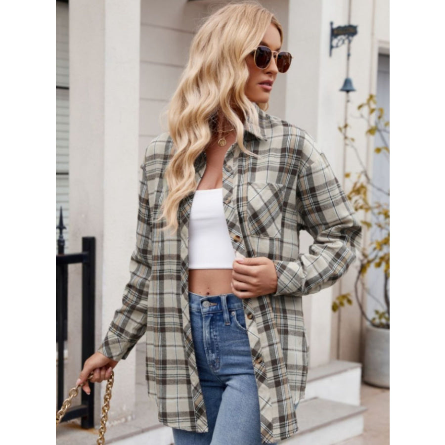 Pocketed Plaid Collared Neck Long Sleeve Shirt Apparel and Accessories