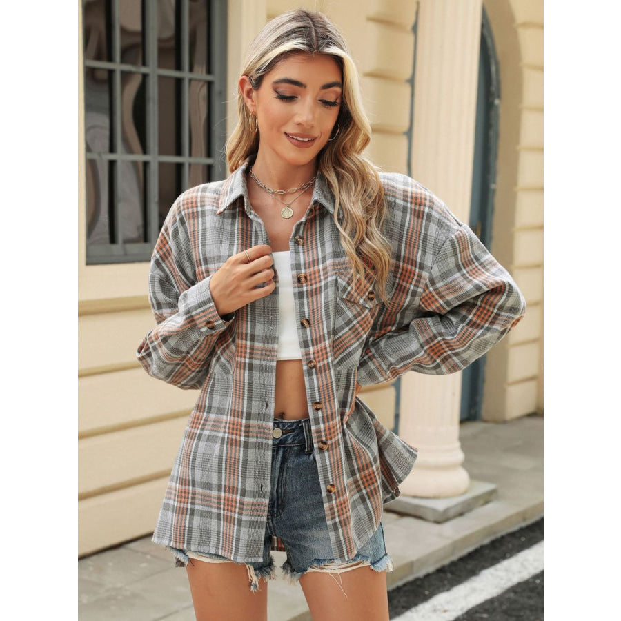 Pocketed Plaid Collared Neck Long Sleeve Shirt Apparel and Accessories