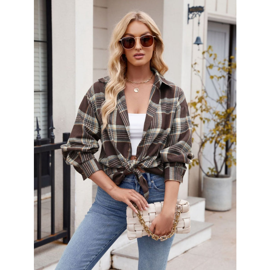 Pocketed Plaid Collared Neck Long Sleeve Shirt Apparel and Accessories
