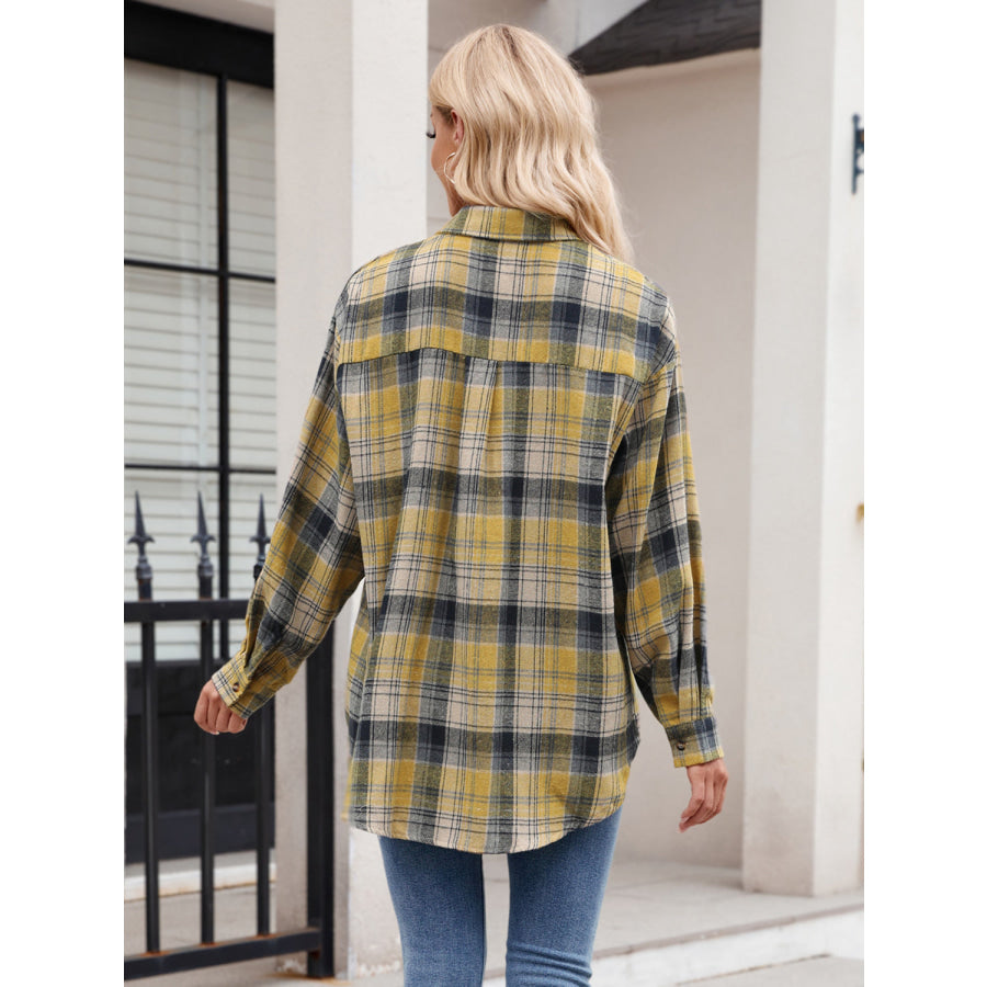 Pocketed Plaid Collared Neck Long Sleeve Shirt Apparel and Accessories