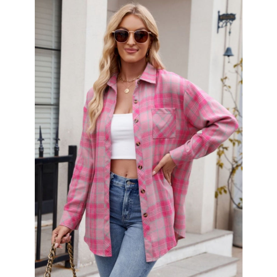 Pocketed Plaid Collared Neck Long Sleeve Shirt Apparel and Accessories