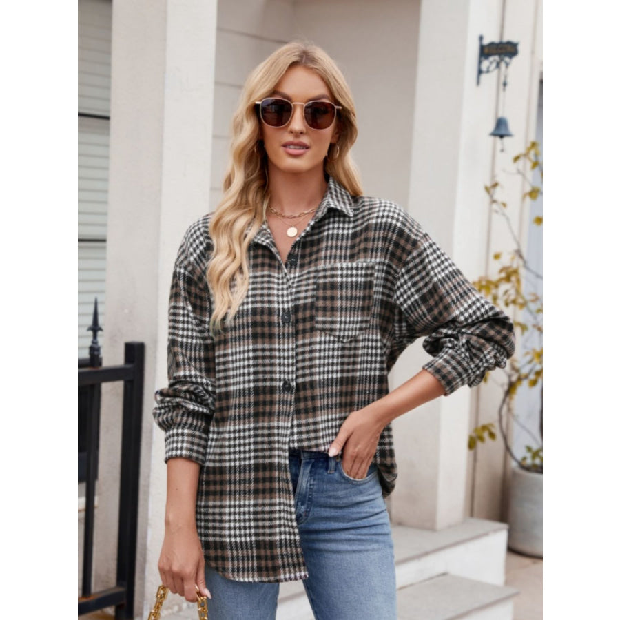 Pocketed Plaid Collared Neck Long Sleeve Shirt Apparel and Accessories