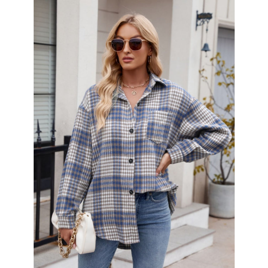 Pocketed Plaid Collared Neck Long Sleeve Shirt Apparel and Accessories