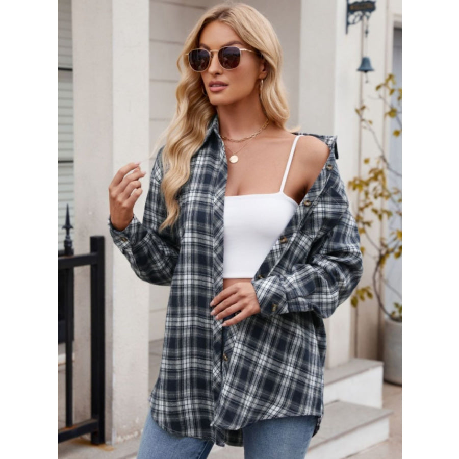 Pocketed Plaid Collared Neck Long Sleeve Shirt Apparel and Accessories