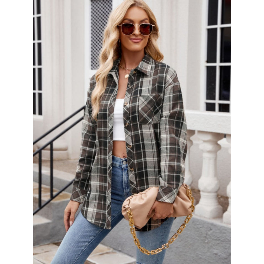 Pocketed Plaid Collared Neck Long Sleeve Shirt Apparel and Accessories