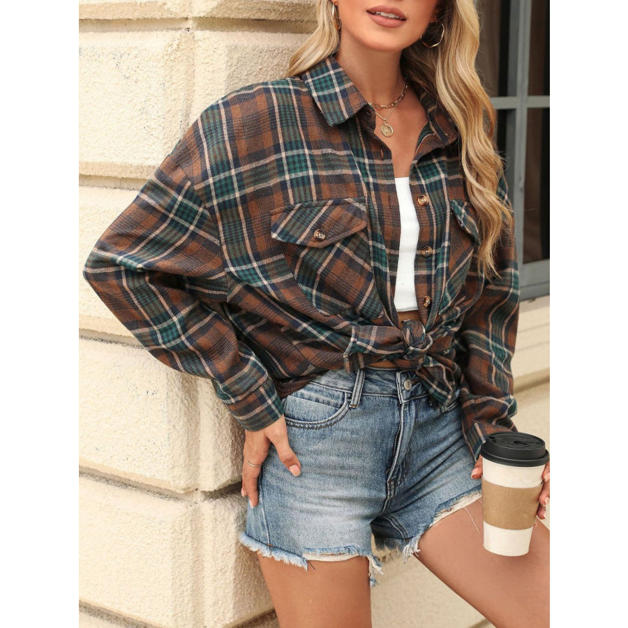 Pocketed Plaid Collared Neck Long Sleeve Shirt Apparel and Accessories