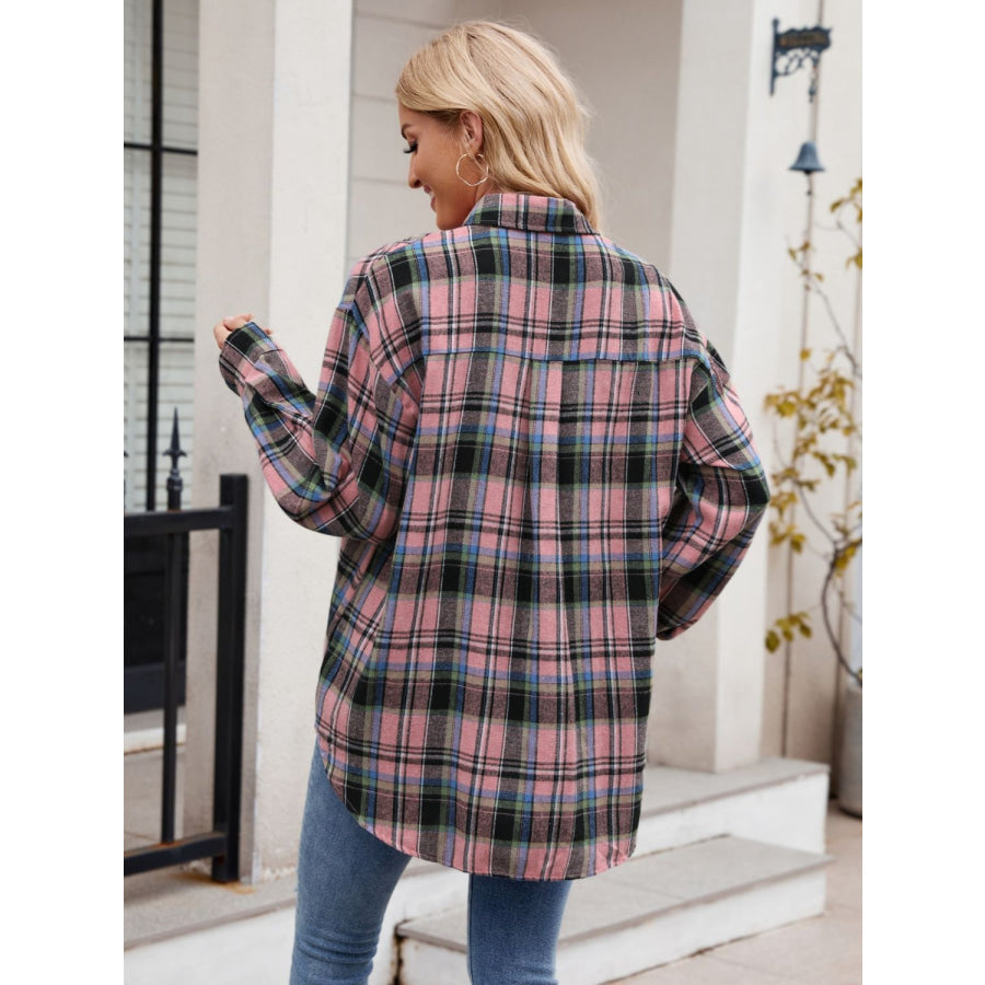 Pocketed Plaid Collared Neck Long Sleeve Shirt Dusty Pink / S Apparel and Accessories