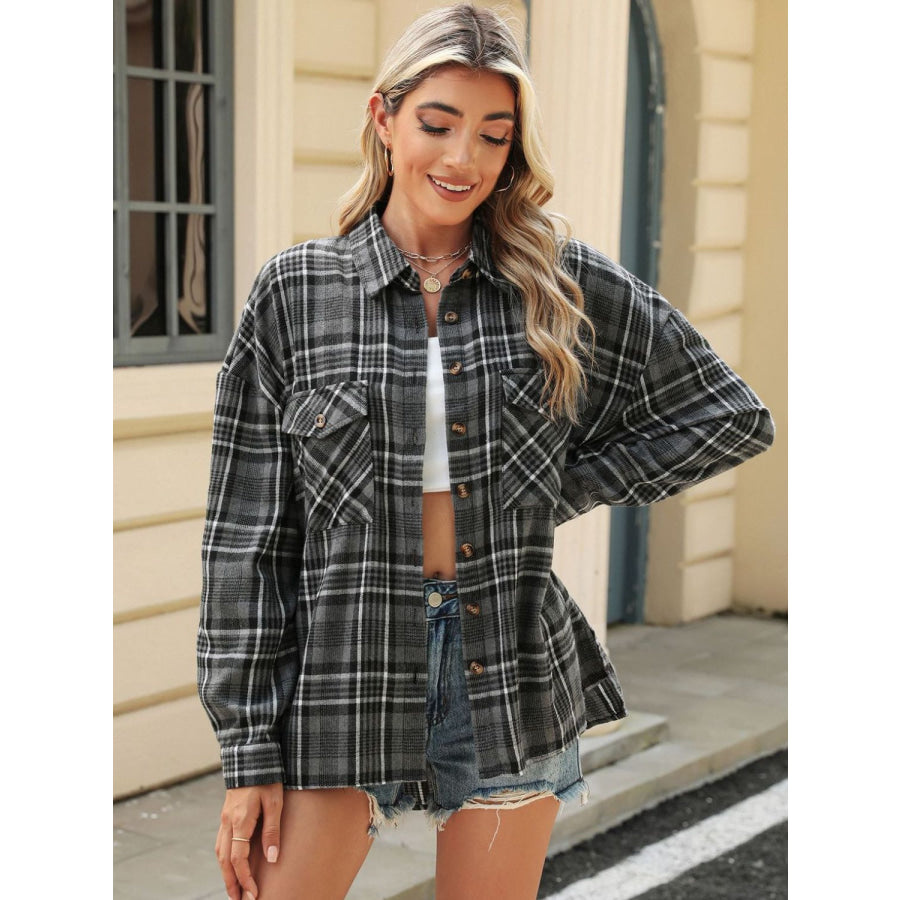 Pocketed Plaid Collared Neck Long Sleeve Shirt Apparel and Accessories