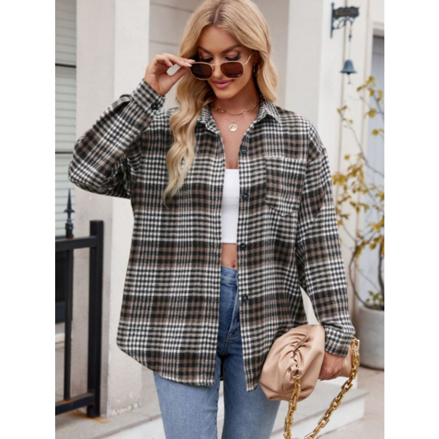 Pocketed Plaid Collared Neck Long Sleeve Shirt Apparel and Accessories