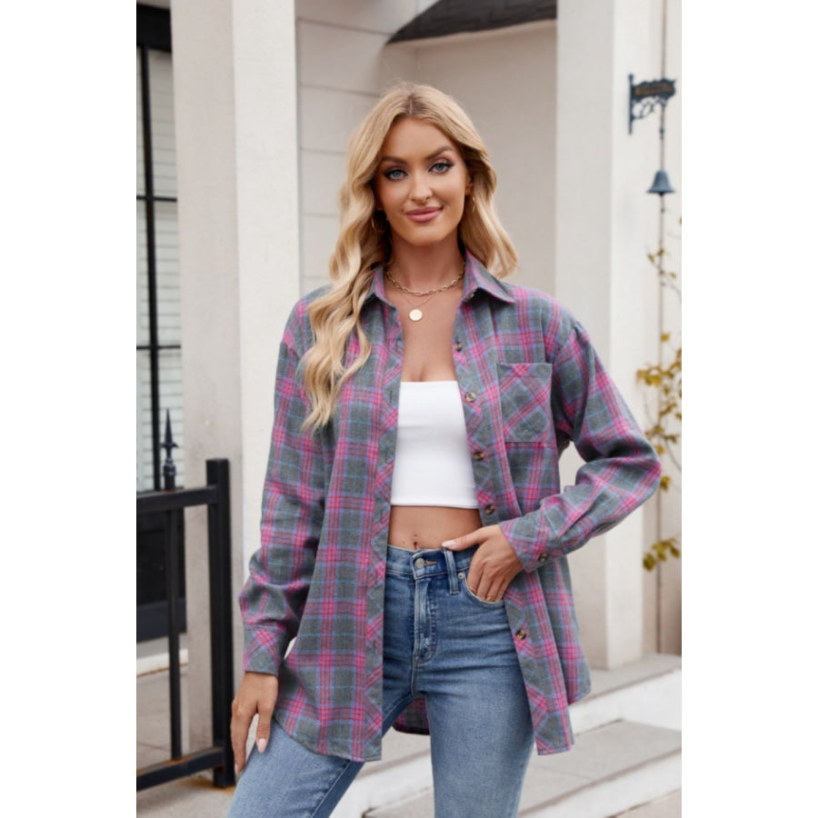 Pocketed Plaid Collared Neck Long Sleeve Shirt Apparel and Accessories