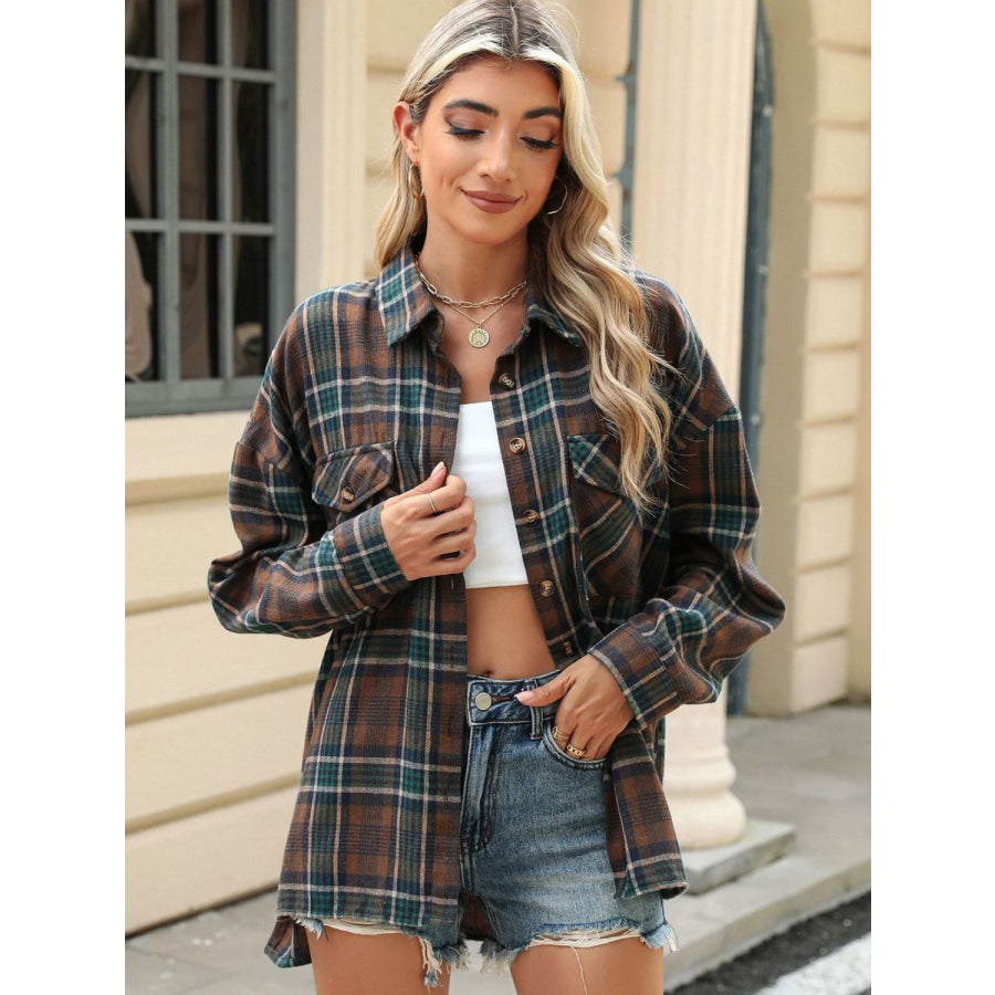 Pocketed Plaid Collared Neck Long Sleeve Shirt Apparel and Accessories