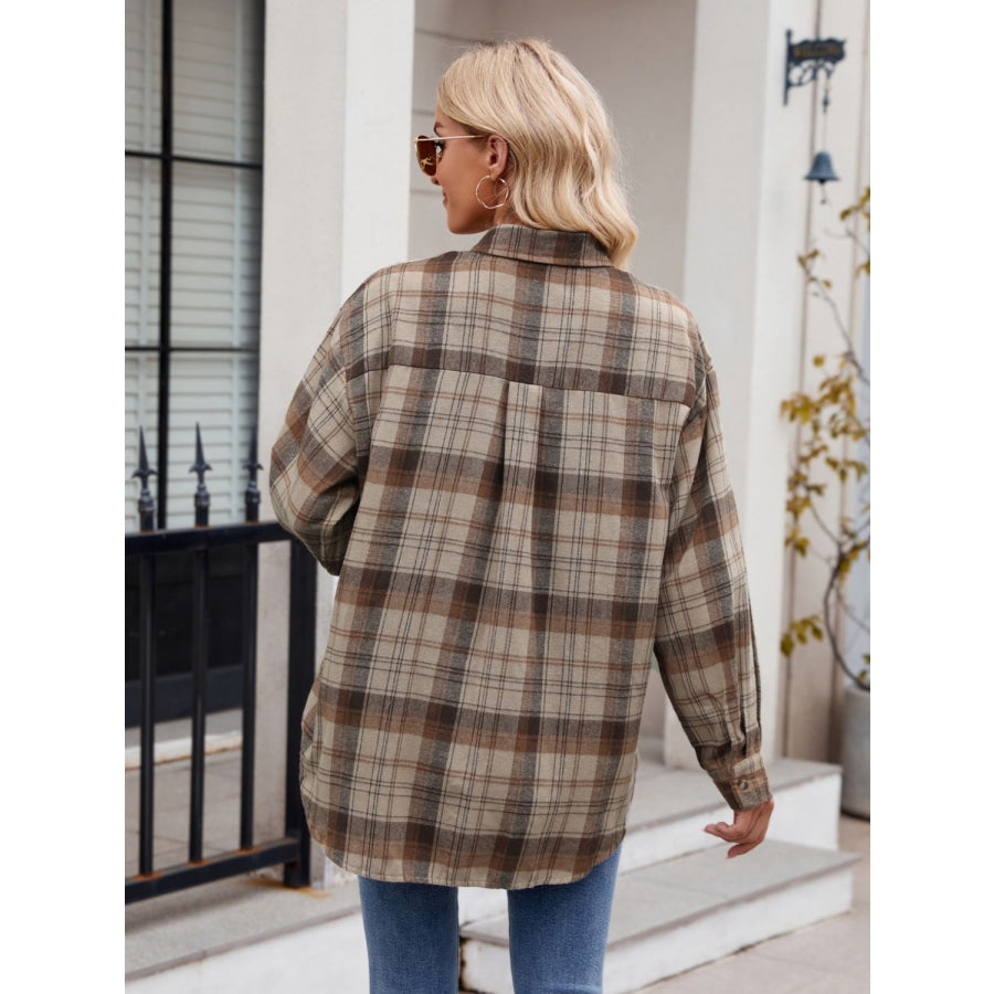 Pocketed Plaid Collared Neck Long Sleeve Shirt Apparel and Accessories