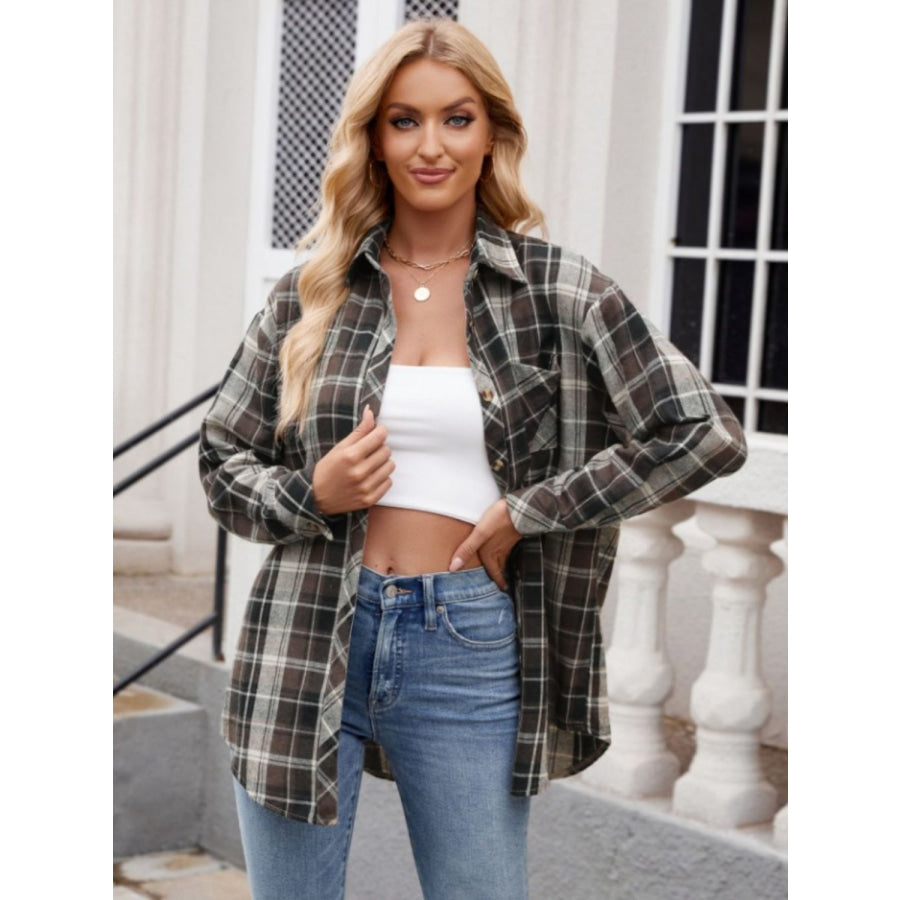 Pocketed Plaid Collared Neck Long Sleeve Shirt Apparel and Accessories