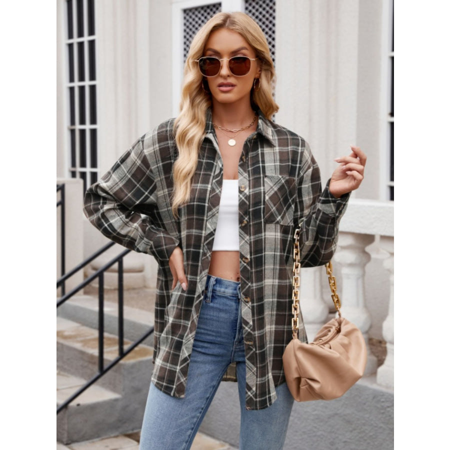 Pocketed Plaid Collared Neck Long Sleeve Shirt Apparel and Accessories