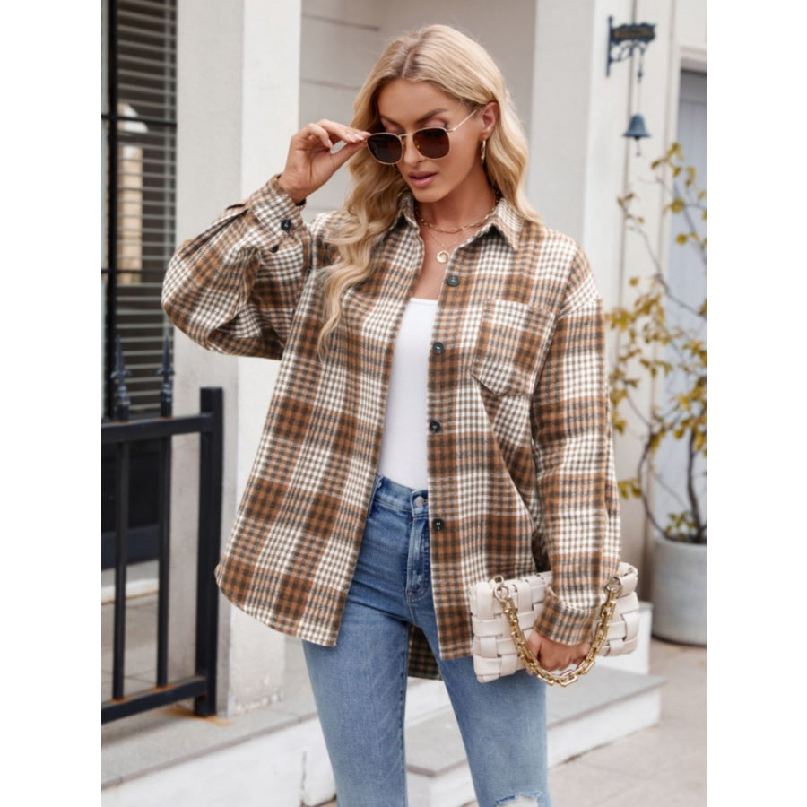 Pocketed Plaid Collared Neck Long Sleeve Shirt Apparel and Accessories