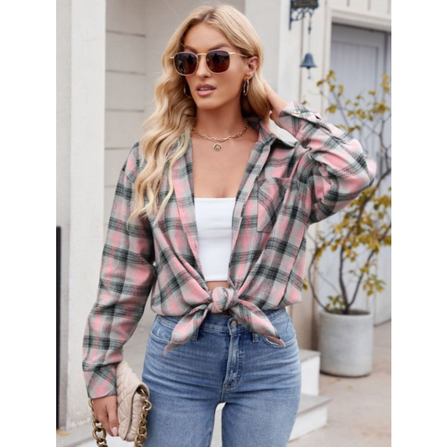 Pocketed Plaid Collared Neck Long Sleeve Shirt Apparel and Accessories