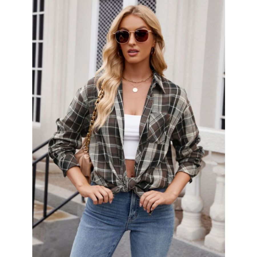 Pocketed Plaid Collared Neck Long Sleeve Shirt Apparel and Accessories