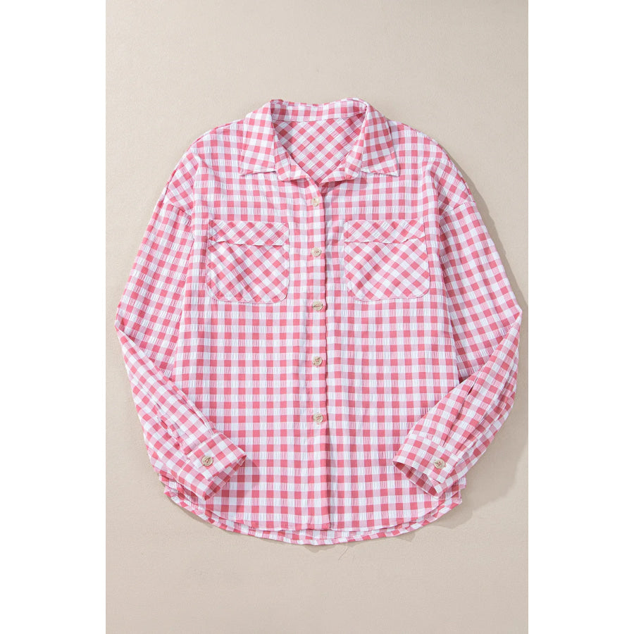 Pocketed Plaid Collared Neck Long Sleeve Shirt Apparel and Accessories