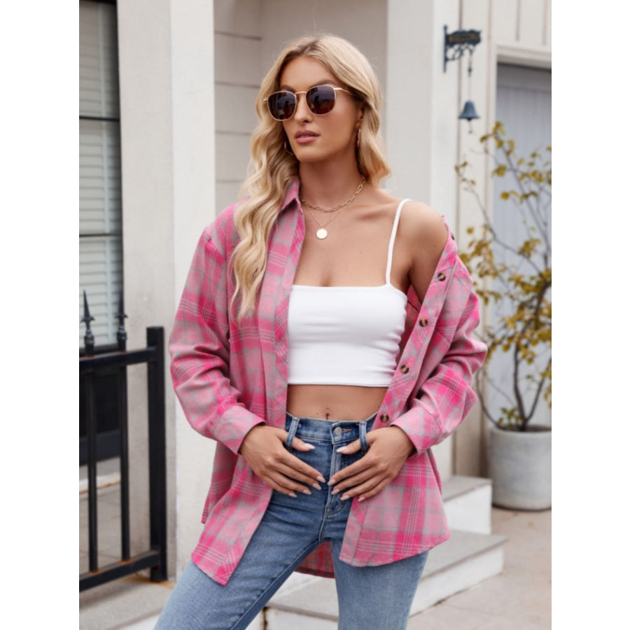 Pocketed Plaid Collared Neck Long Sleeve Shirt Apparel and Accessories