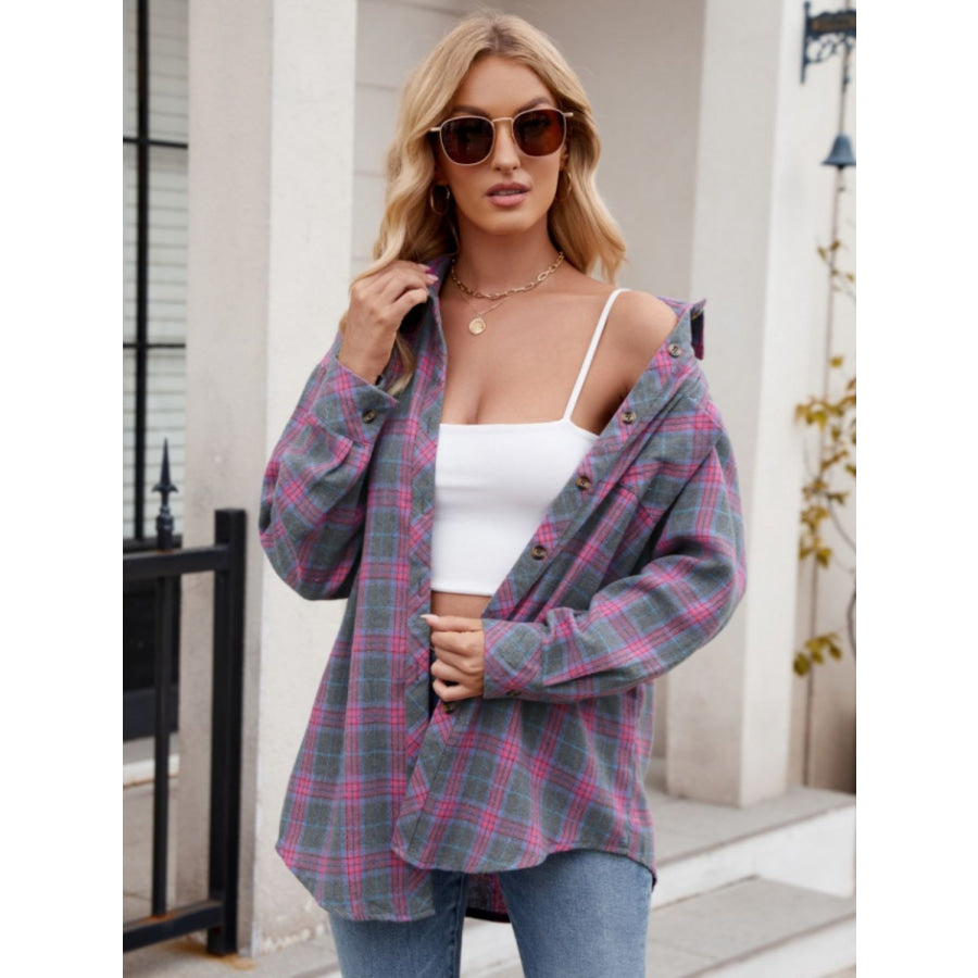 Pocketed Plaid Collared Neck Long Sleeve Shirt Apparel and Accessories