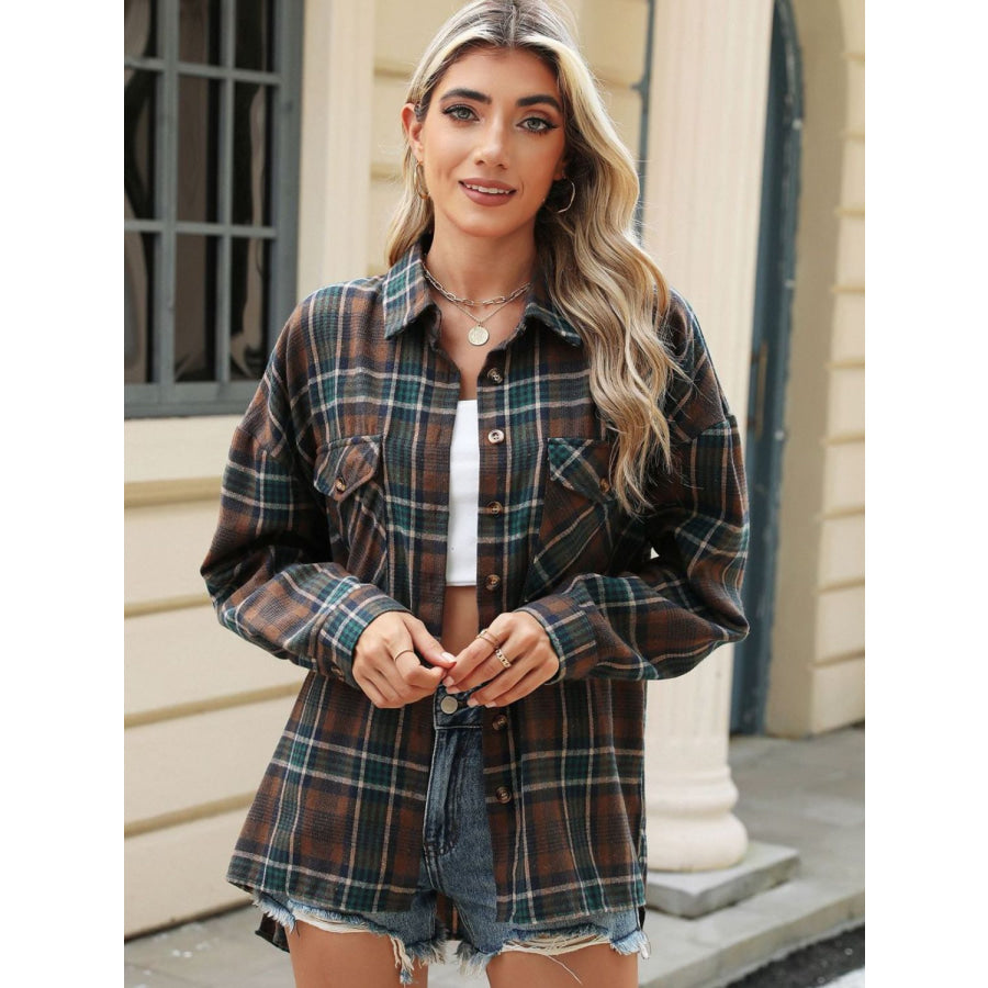 Pocketed Plaid Collared Neck Long Sleeve Shirt Apparel and Accessories