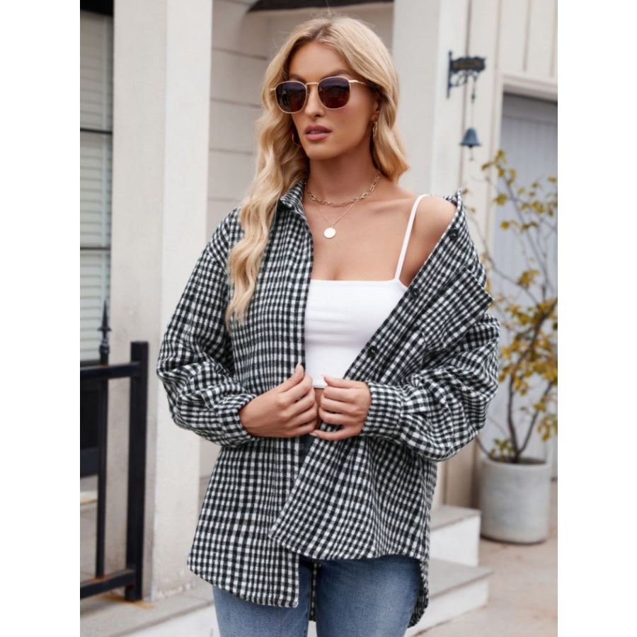Pocketed Plaid Collared Neck Long Sleeve Shirt Apparel and Accessories