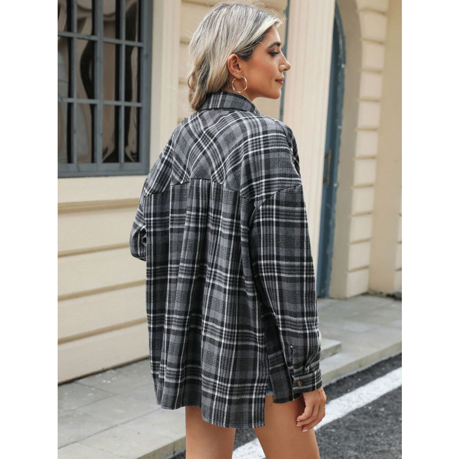 Pocketed Plaid Collared Neck Long Sleeve Shirt Apparel and Accessories