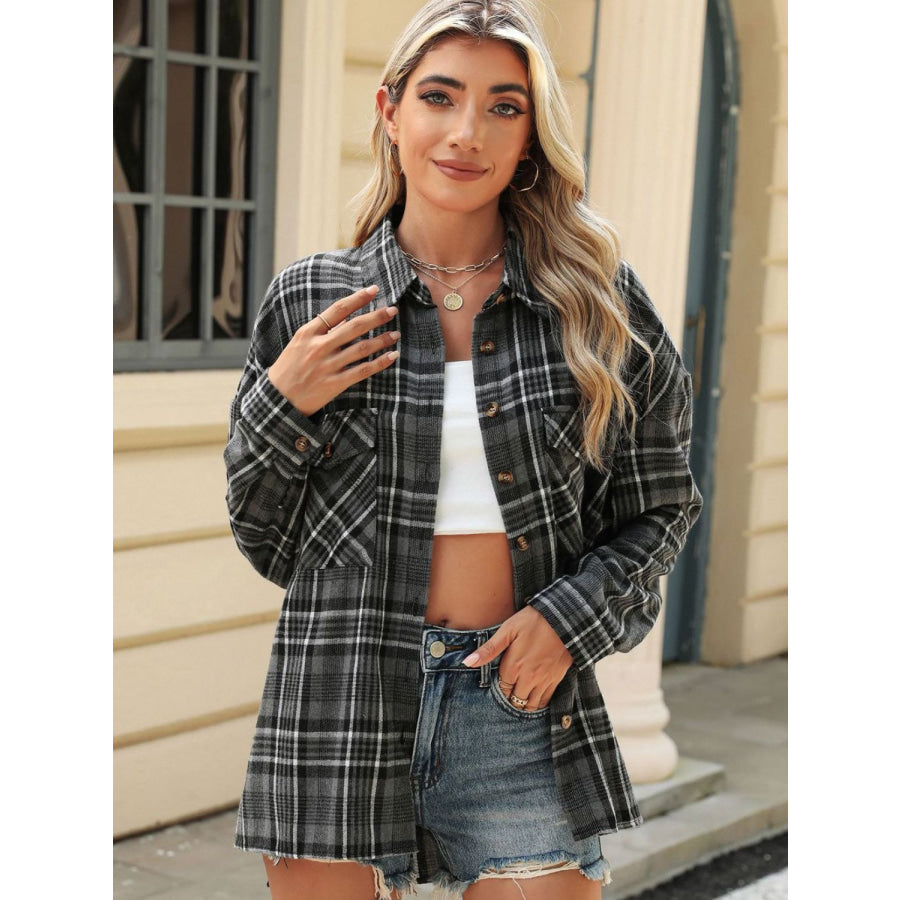 Pocketed Plaid Collared Neck Long Sleeve Shirt Apparel and Accessories