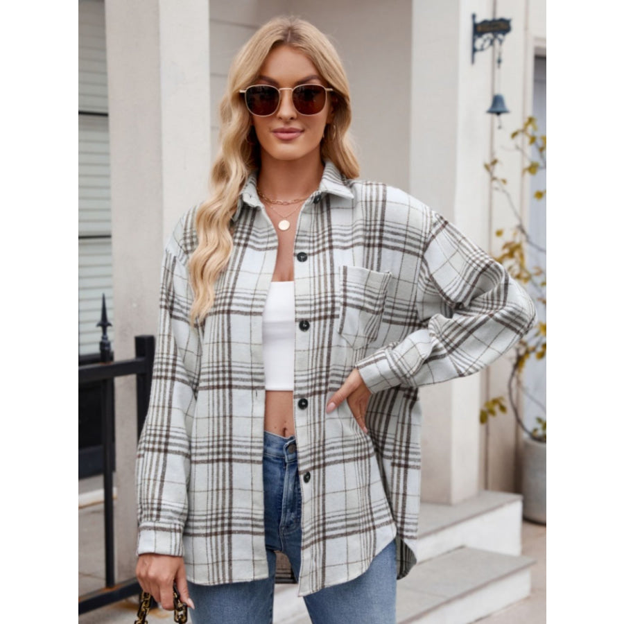 Pocketed Plaid Collared Neck Long Sleeve Shirt Apparel and Accessories
