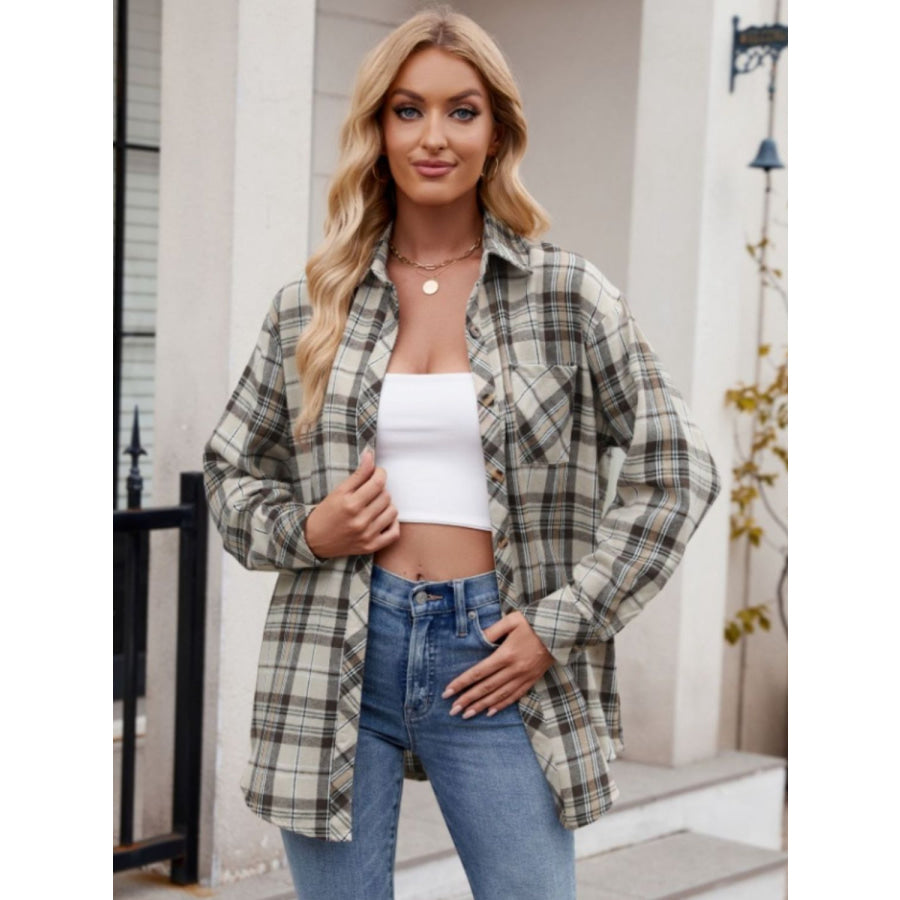 Pocketed Plaid Collared Neck Long Sleeve Shirt Apparel and Accessories