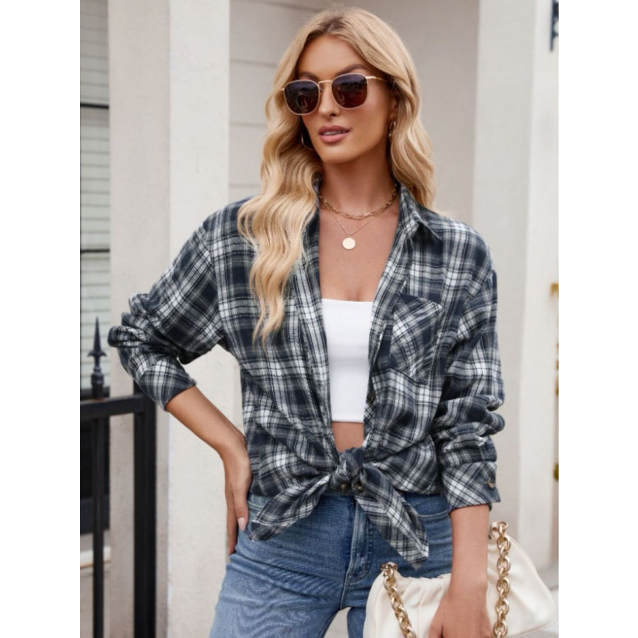 Pocketed Plaid Collared Neck Long Sleeve Shirt Apparel and Accessories