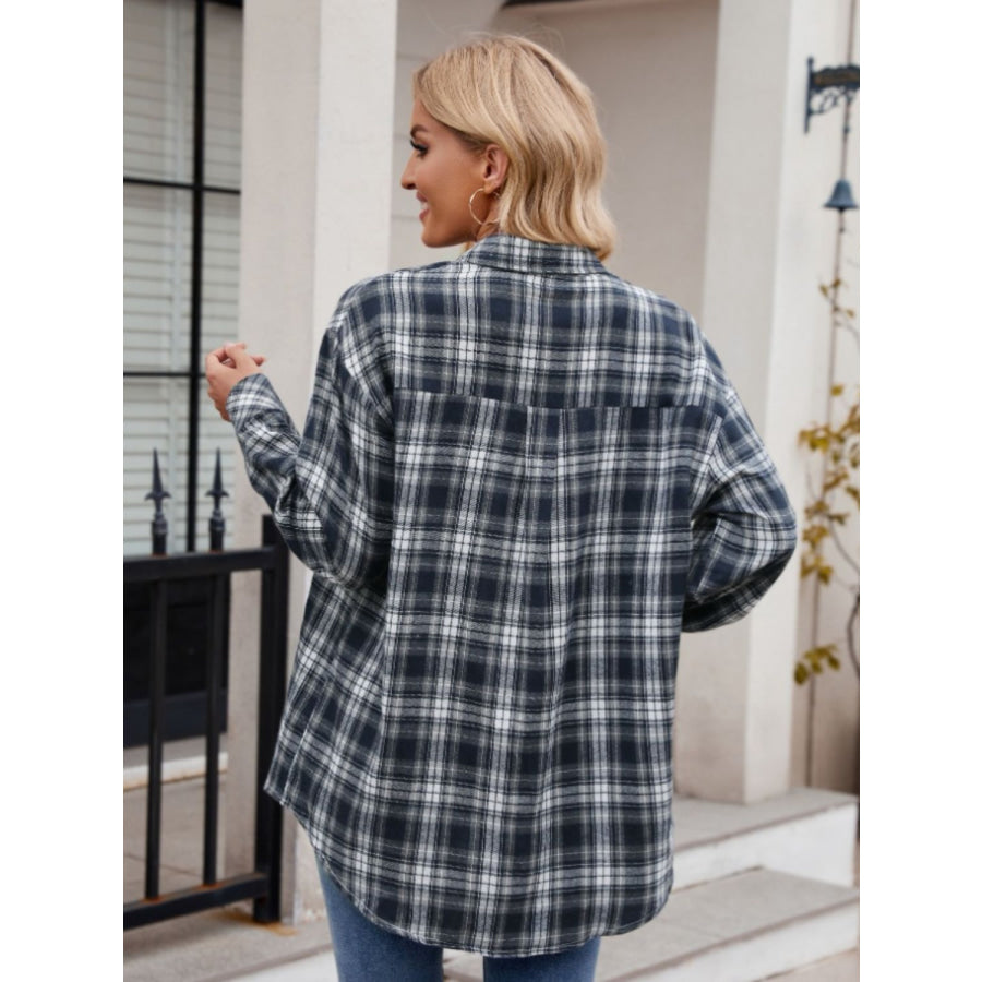 Pocketed Plaid Collared Neck Long Sleeve Shirt Apparel and Accessories