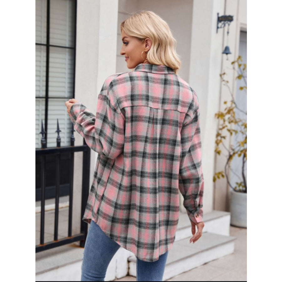 Pocketed Plaid Collared Neck Long Sleeve Shirt Dusty Pink / S Apparel and Accessories