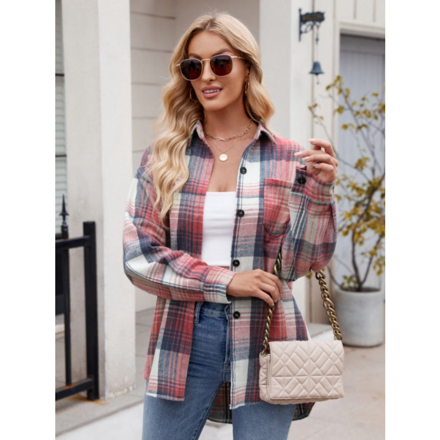 Pocketed Plaid Collared Neck Long Sleeve Shirt Apparel and Accessories