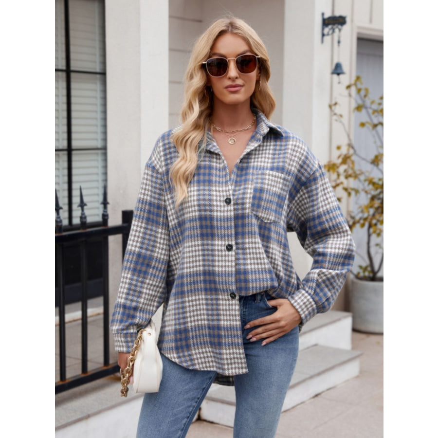 Pocketed Plaid Collared Neck Long Sleeve Shirt Apparel and Accessories