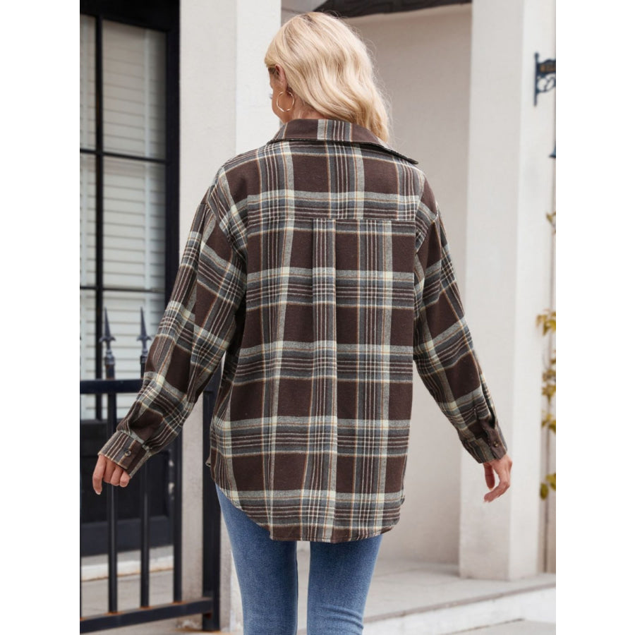 Pocketed Plaid Collared Neck Long Sleeve Shirt Apparel and Accessories