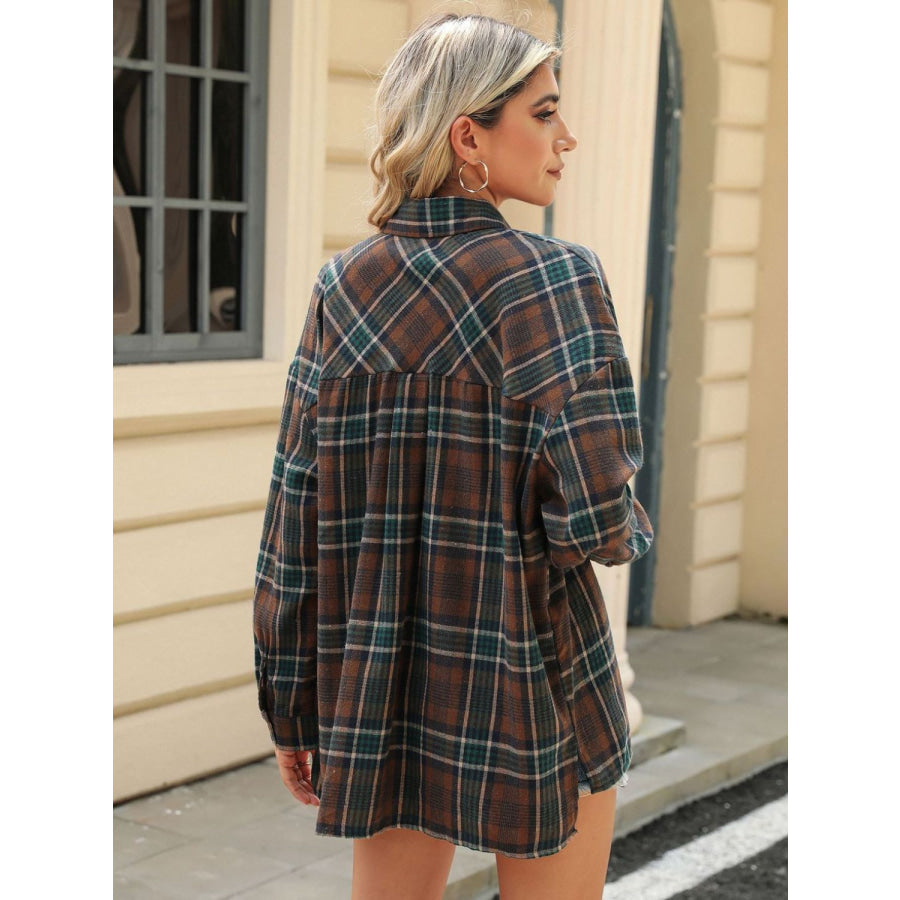 Pocketed Plaid Collared Neck Long Sleeve Shirt Apparel and Accessories