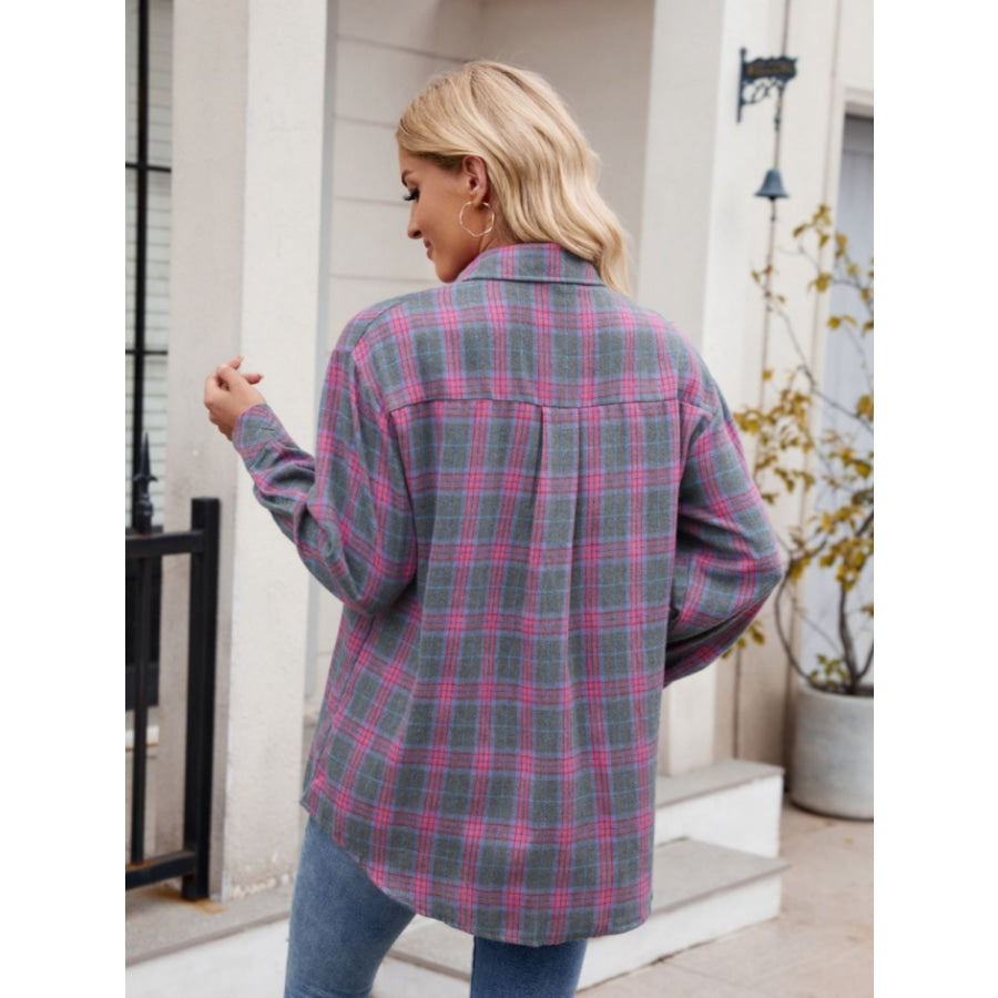 Pocketed Plaid Collared Neck Long Sleeve Shirt Apparel and Accessories