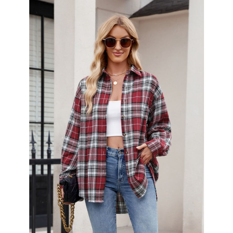 Pocketed Plaid Collared Neck Long Sleeve Shirt Apparel and Accessories