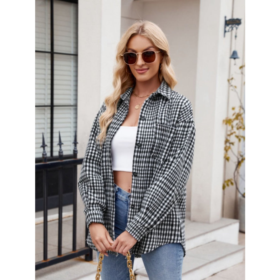 Pocketed Plaid Collared Neck Long Sleeve Shirt Apparel and Accessories