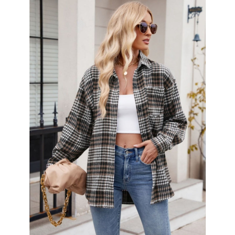 Pocketed Plaid Collared Neck Long Sleeve Shirt Apparel and Accessories