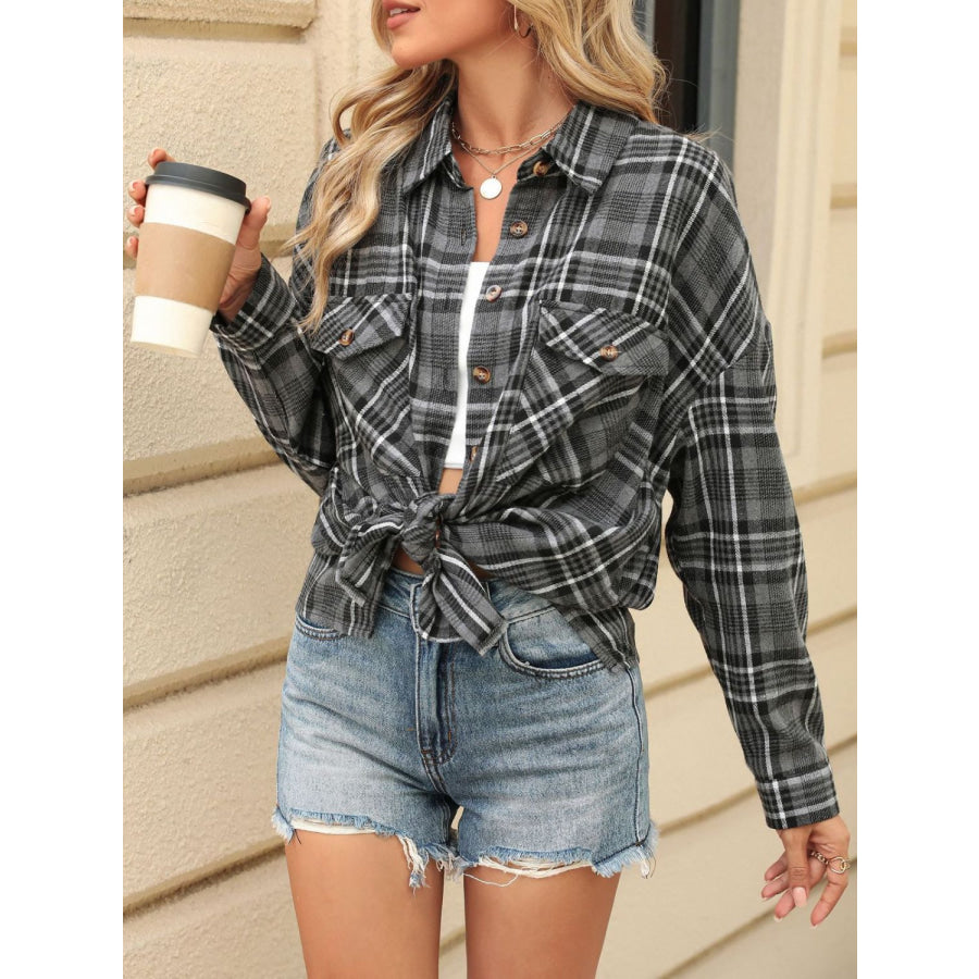 Pocketed Plaid Collared Neck Long Sleeve Shirt Black / S Apparel and Accessories