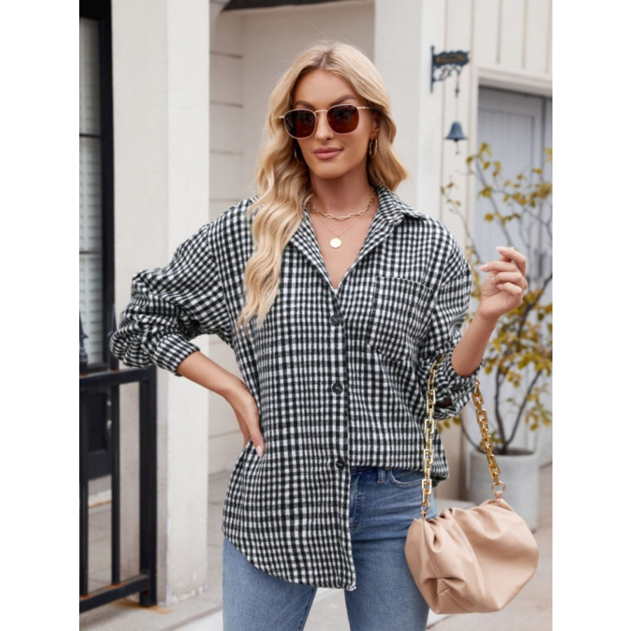 Pocketed Plaid Collared Neck Long Sleeve Shirt Black / S Apparel and Accessories