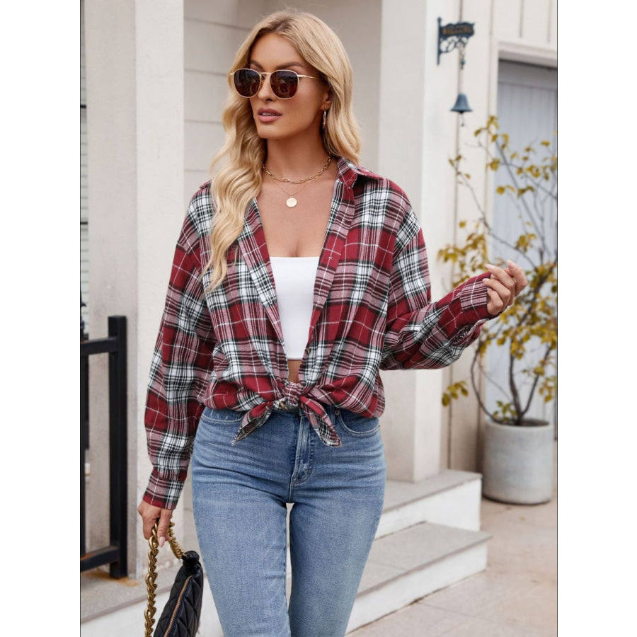 Pocketed Plaid Collared Neck Long Sleeve Shirt Burgundy / S Apparel and Accessories