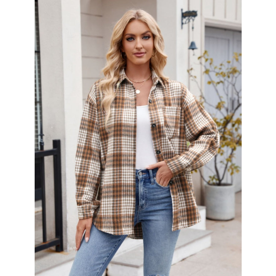 Pocketed Plaid Collared Neck Long Sleeve Shirt Caramel / S Apparel and Accessories