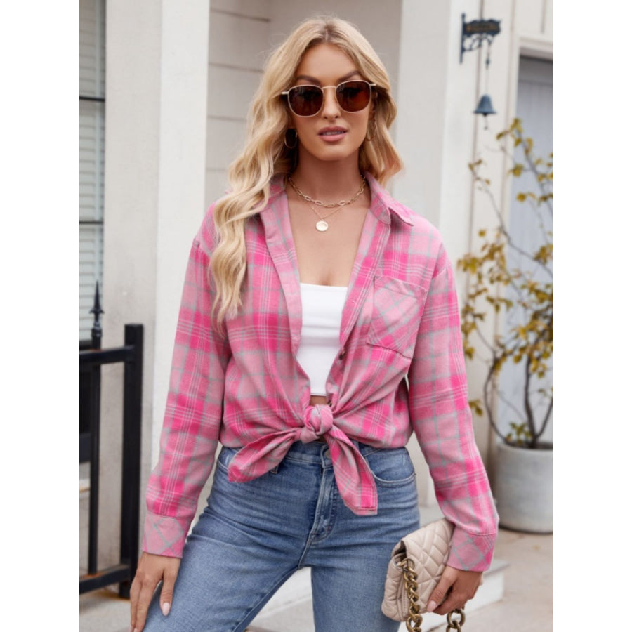 Pocketed Plaid Collared Neck Long Sleeve Shirt Cerise / S Apparel and Accessories
