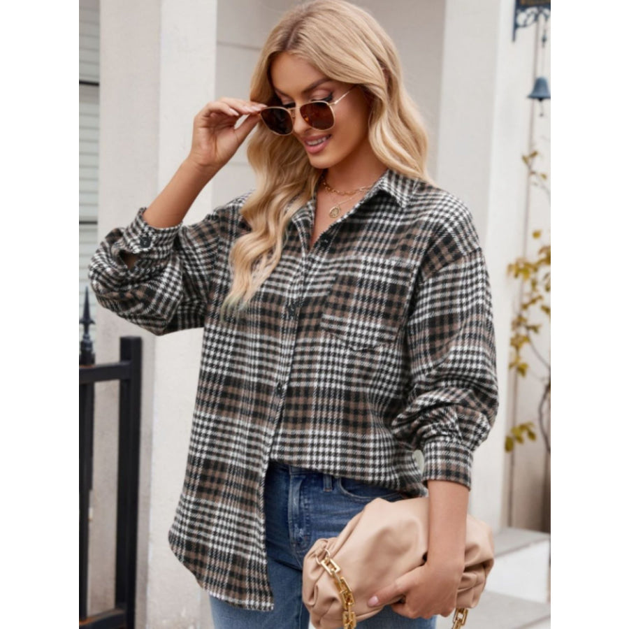 Pocketed Plaid Collared Neck Long Sleeve Shirt Chocolate / S Apparel and Accessories