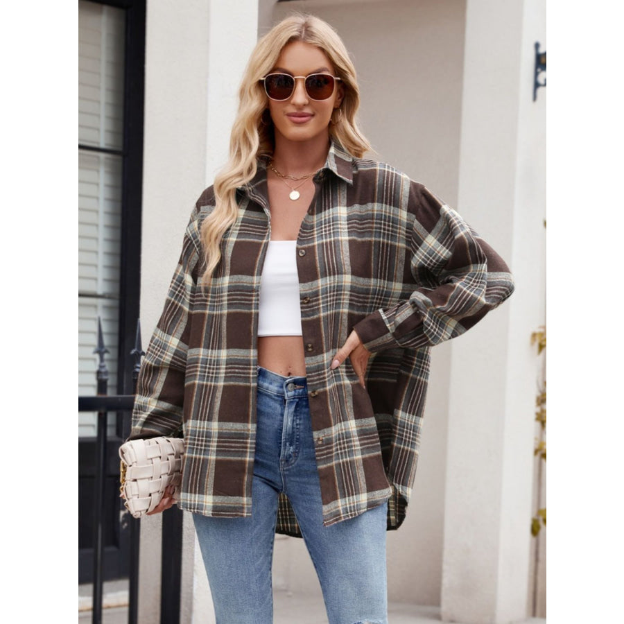 Pocketed Plaid Collared Neck Long Sleeve Shirt Chocolate / S Apparel and Accessories